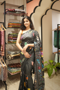 Black blended silk adorned with intricate hand Kantha work saree
