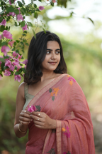 Peach pink silk linen paithani with detailed peacock pallu