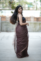 Rich chocolate brown Masline silk saree with subtle sequins—sheer elegance for a classy, modern look