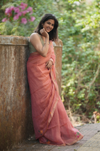 Peach pink silk linen paithani with detailed peacock pallu