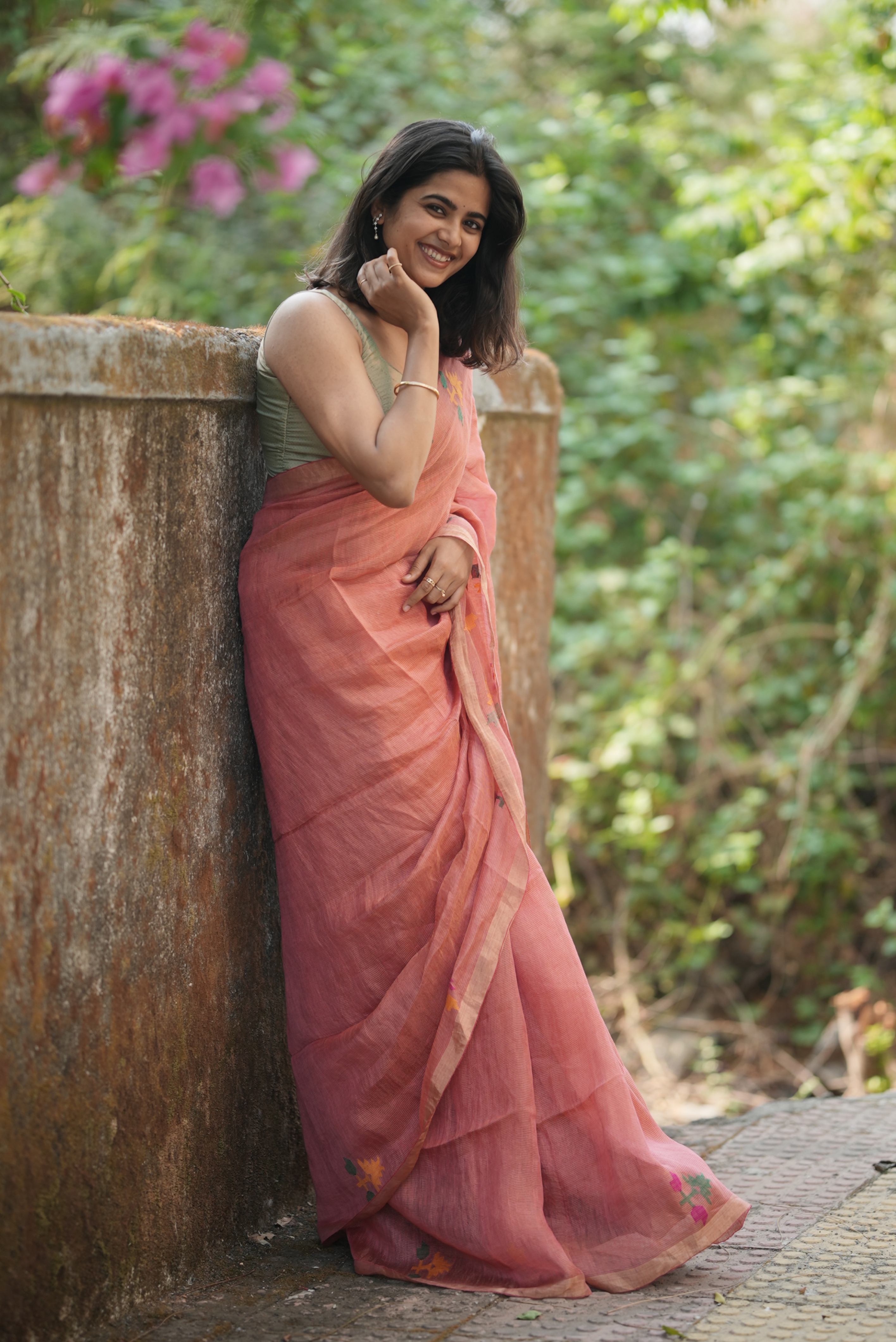 Peach pink silk linen paithani with detailed peacock pallu