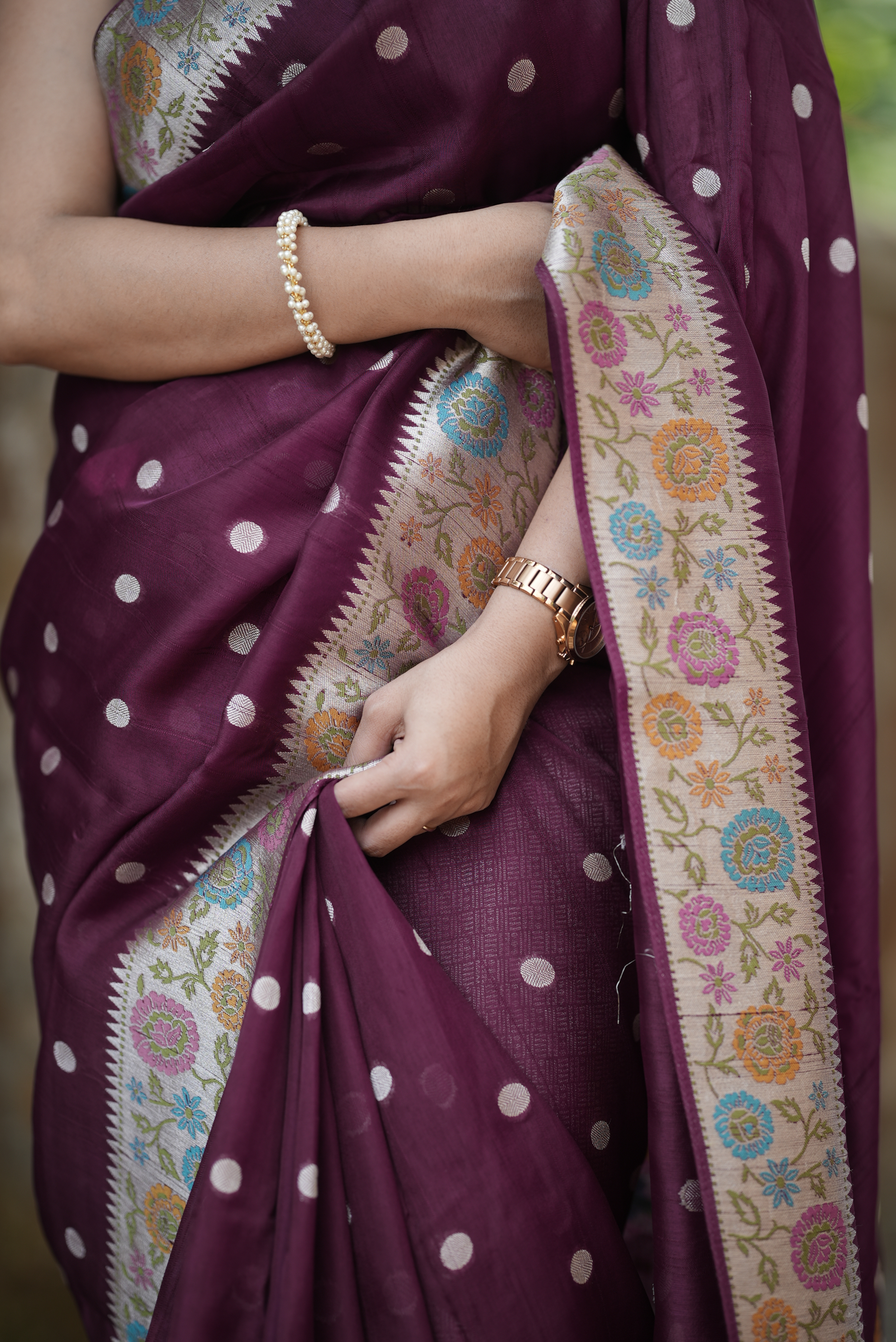 Wine embroidered soft tussar silk saree with circular buttas and floral border