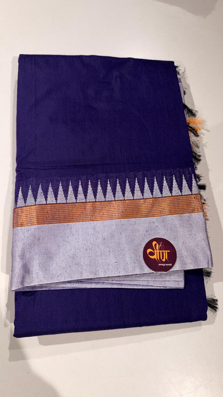 Grace meets everyday comfort with this elegant Cotton Temple Border Saree. Featuring a soothing  body paired with a rich  temple border accented with fine golden zari detailing