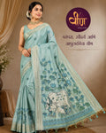 Gracefully woven in luxurious Muga Cotton  sky blue saree is adorned with exquisite Pichwai prints on the pallu.