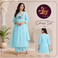 Stay effortlessly stylish in this soft and breathable sky-blue mul cotton dress set, adorned with delicate floral embroidery