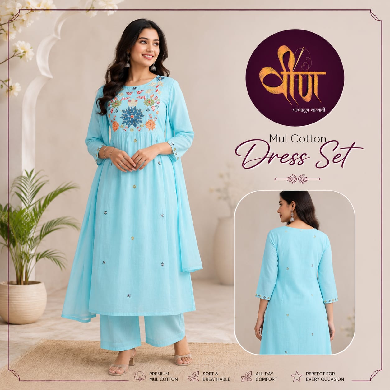 Stay effortlessly stylish in this soft and breathable sky-blue mul cotton dress set, adorned with delicate floral embroidery