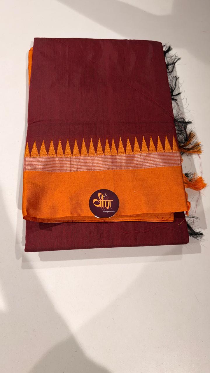 Grace meets everyday comfort with this elegant Cotton Temple Border Saree. Featuring a soothing  body paired with a rich  temple border accented with fine golden zari detailing