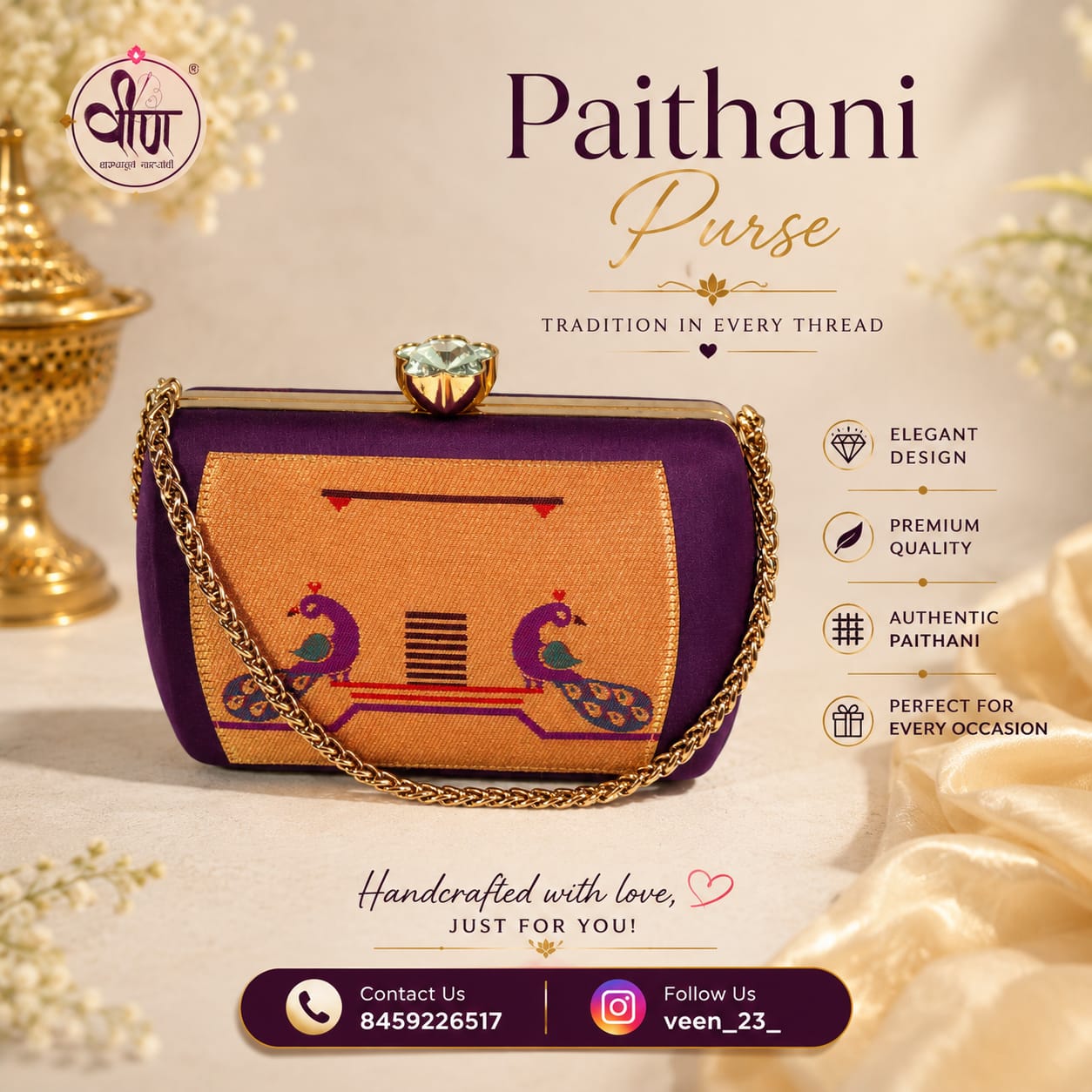 Timeless charm of Paithani craftsmanship with this beautifully handcrafted bag. Adorned with vibrant traditional peacock and parrot motifs
