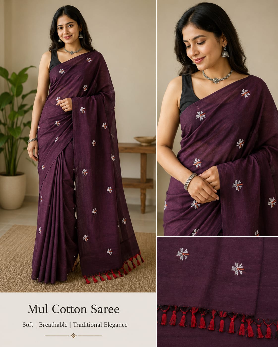 Drape yourself in timeless elegance with this Wine Cotton Prajakta Embroidery Saree ❤️✨