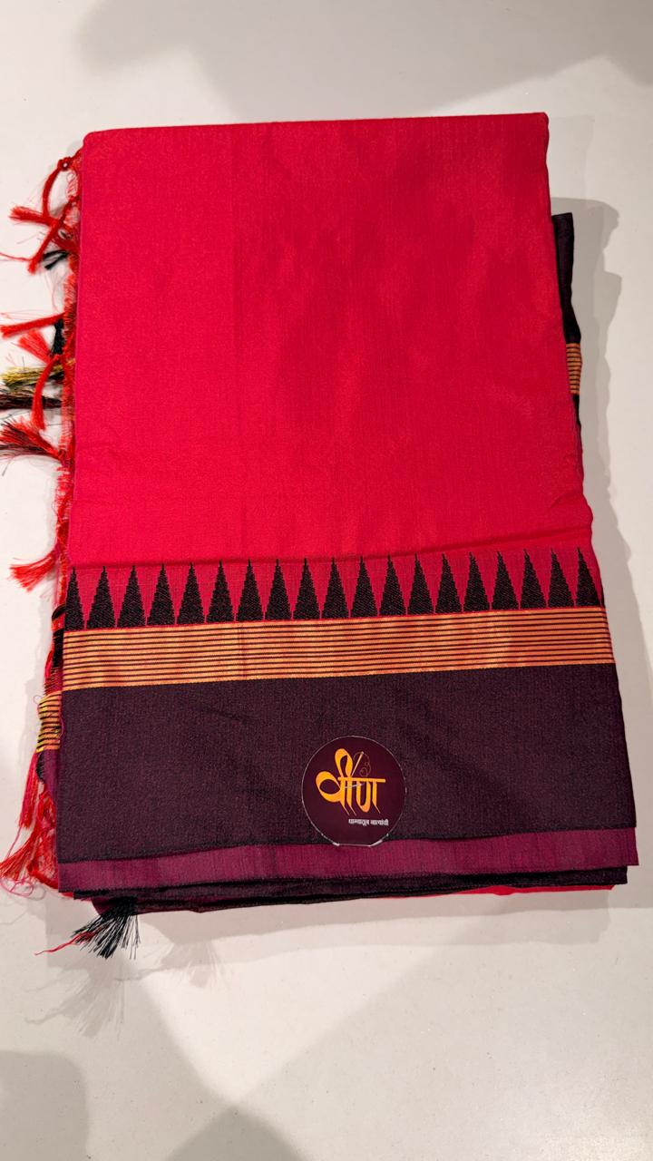 Grace meets everyday comfort with this elegant Cotton Temple Border Saree. Featuring a soothing  body paired with a rich  temple border accented with fine golden zari detailing