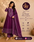 elegant deep purple cotton dress set featuring beautiful traditional prints and a matching dupatta.