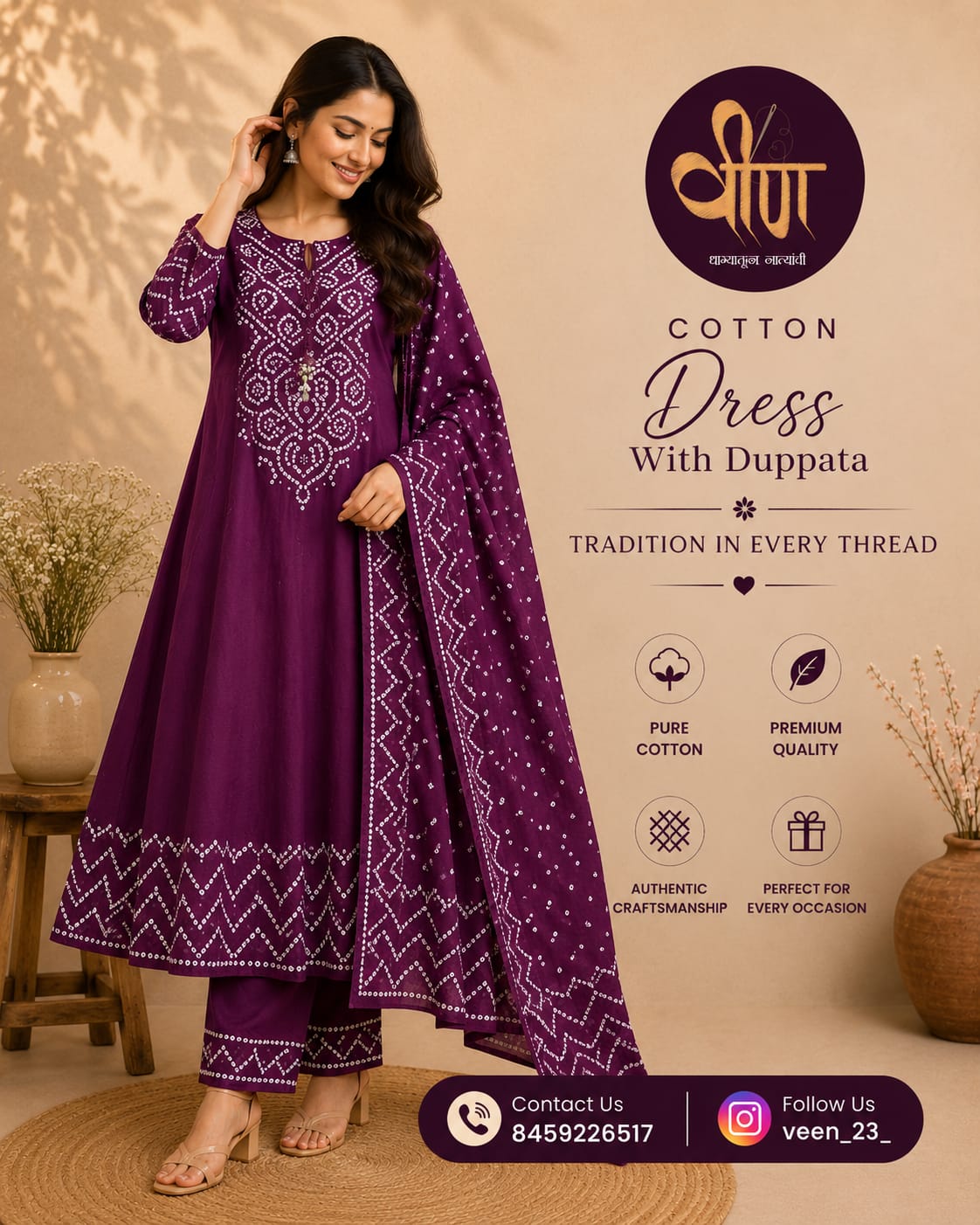 elegant deep purple cotton dress set featuring beautiful traditional prints and a matching dupatta.