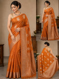 Radiate timeless elegance with this stunning orange soft silk Banarasi saree. Woven with intricate traditional motifs and a rich Banarasi weave.