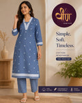 Embrace everyday elegance with this soothing steel blue cotton two-piece set.