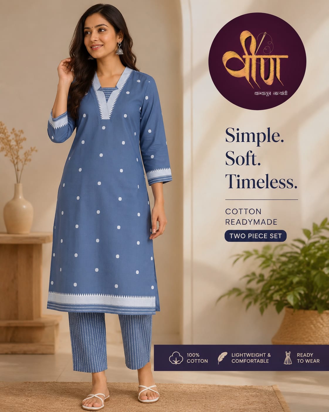 Embrace everyday elegance with this soothing steel blue cotton two-piece set.