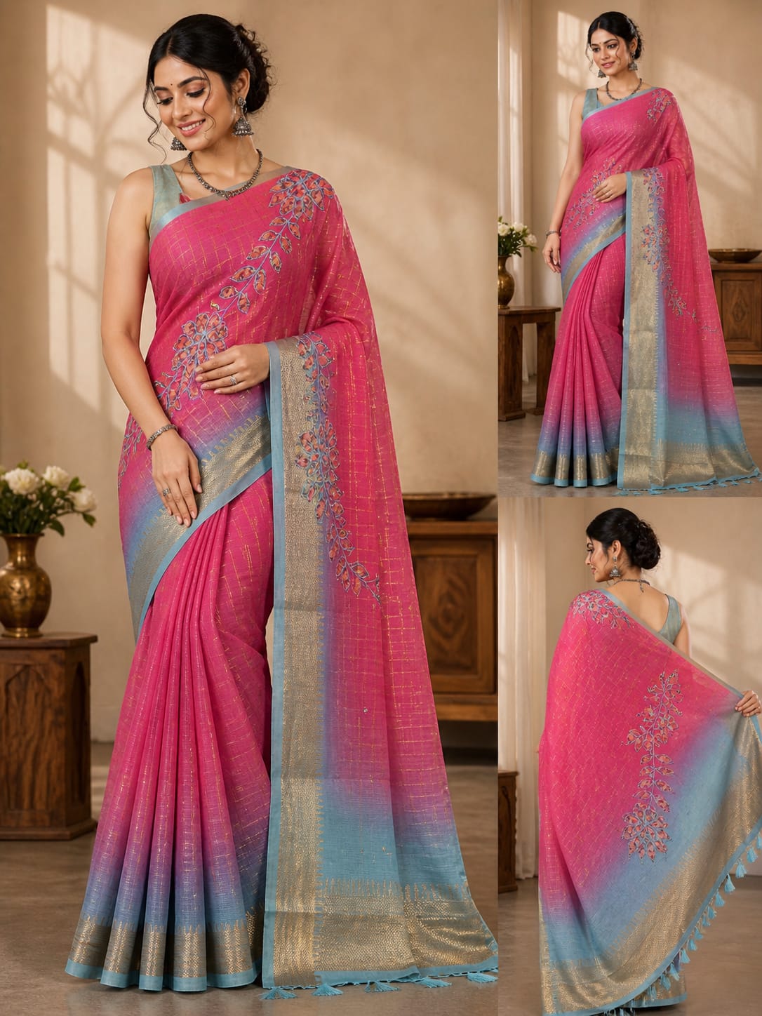 Grace meets charm in this beautiful Pink & Sky Blue Appliqué Work Saree.