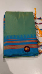 Grace meets everyday comfort with this elegant Cotton Temple Border Saree. Featuring a soothing  body paired with a rich  temple border accented with fine golden zari detailing.
