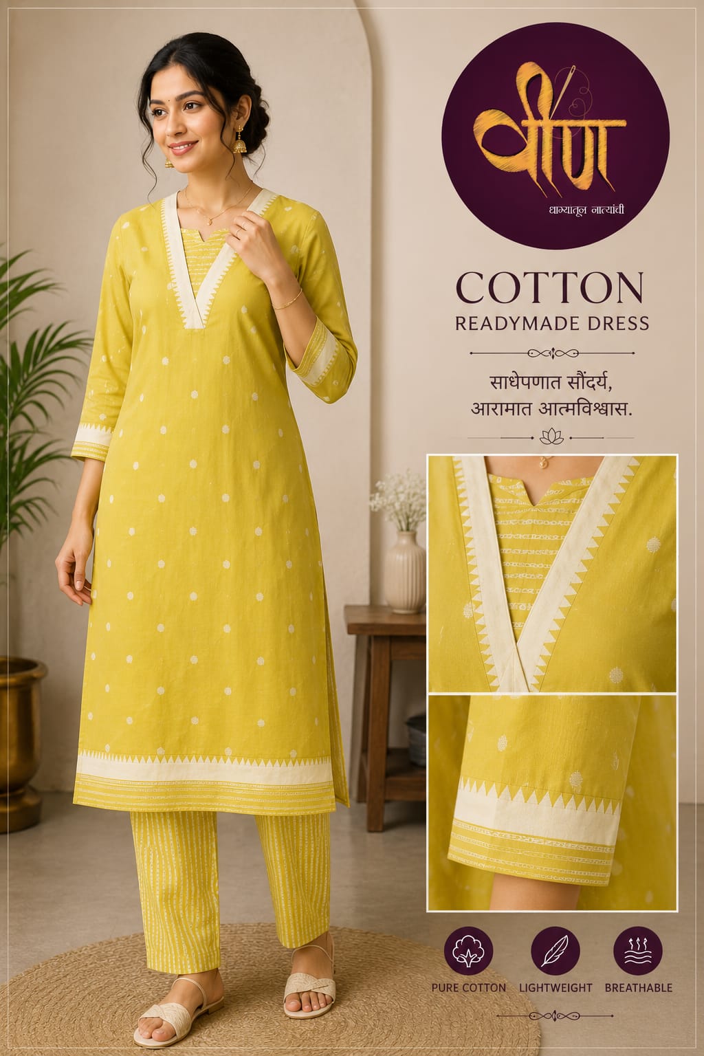 Embrace everyday elegance with this soothing lemmon yellow cotton two-piece set.