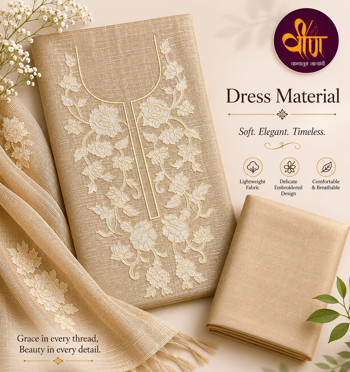 Beautiful beige Muga Tussar dress material adorned with delicate floral embroidery on the neckline, creating a perfect blend of sophistication and