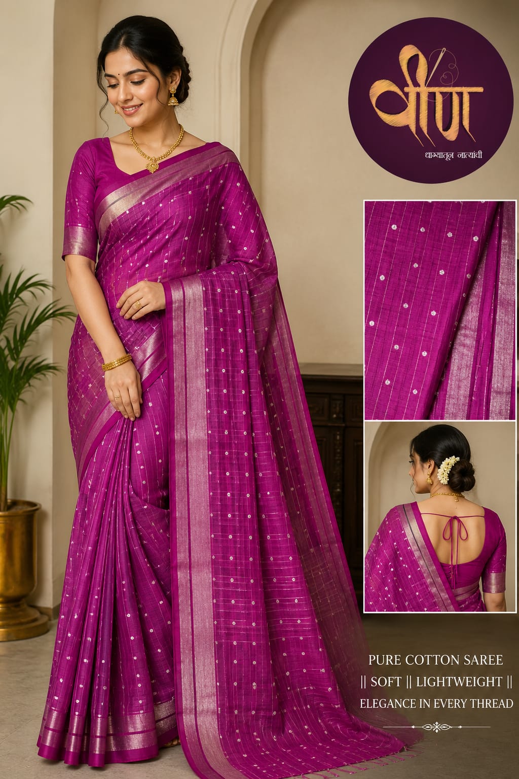 Drape yourself in timeless elegance with this exquisite button sequins Masline silk saree in a stunning magenta hue. ✨💜