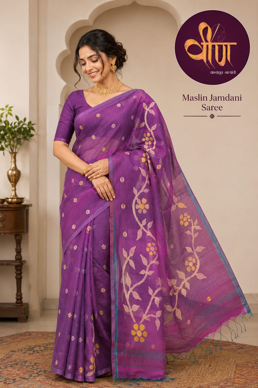 Pure Silk Muslin Jamdani in a rich wine hue, woven with timeless elegance and exquisite craftsmanship.