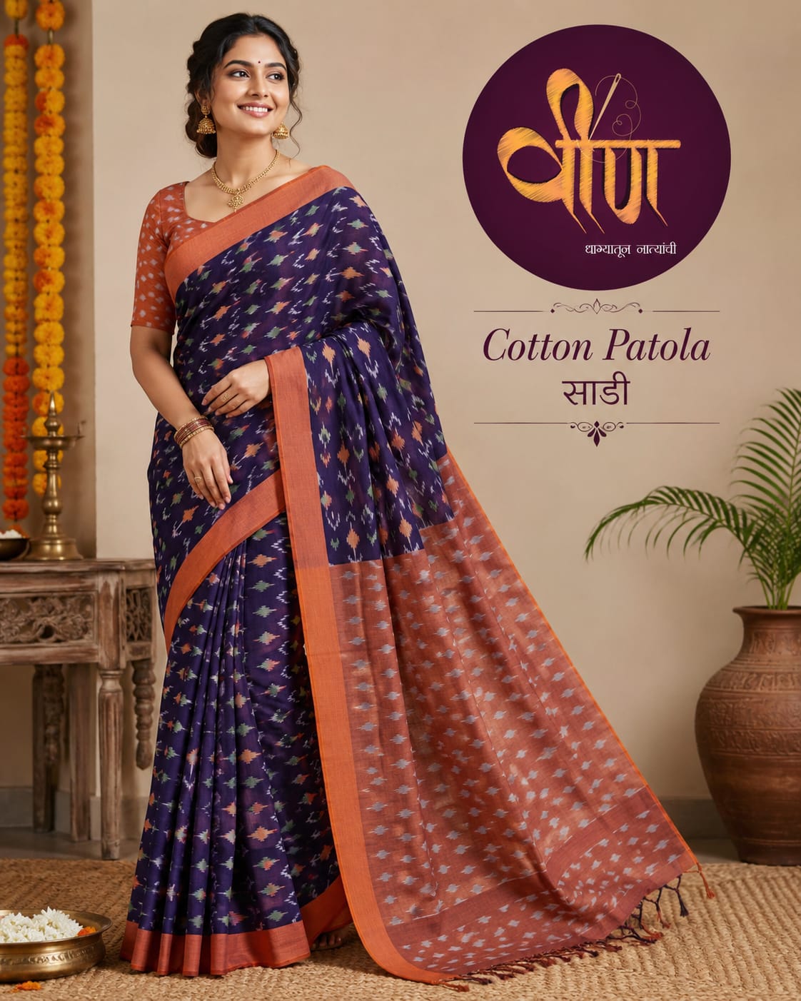 Beautiful Blue Cotton Patola Saree featuring a striking Mustard Yellow Pallu.