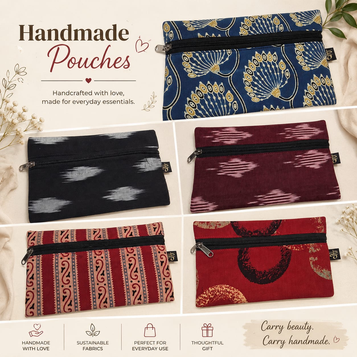 Handmade with love, crafted with care. ✨

A simple yet beautiful pouch that's perfect for keeping your essentials organized in style. 🌸