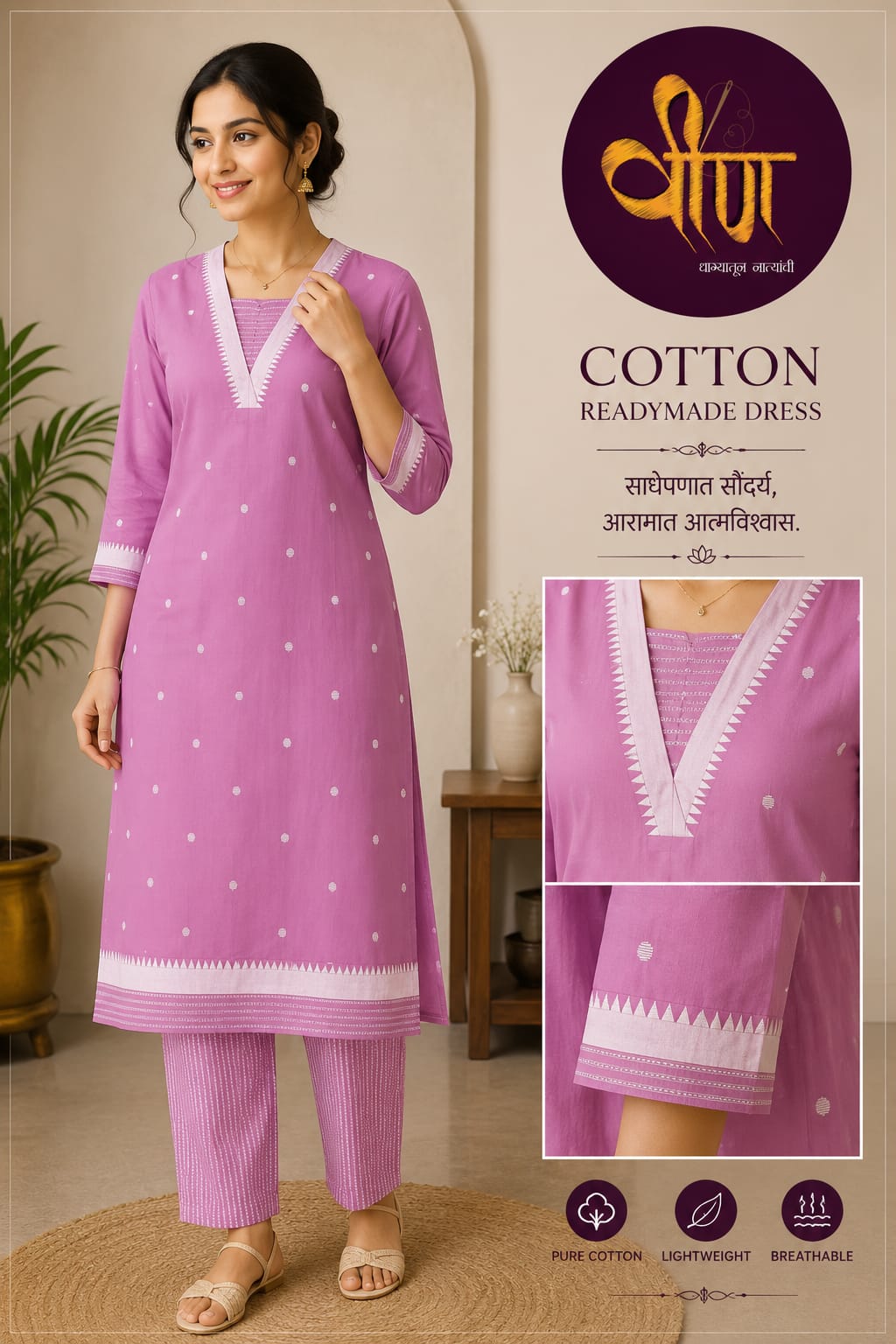 Embrace everyday elegance with this soothing baby pink cotton two-piece set.
