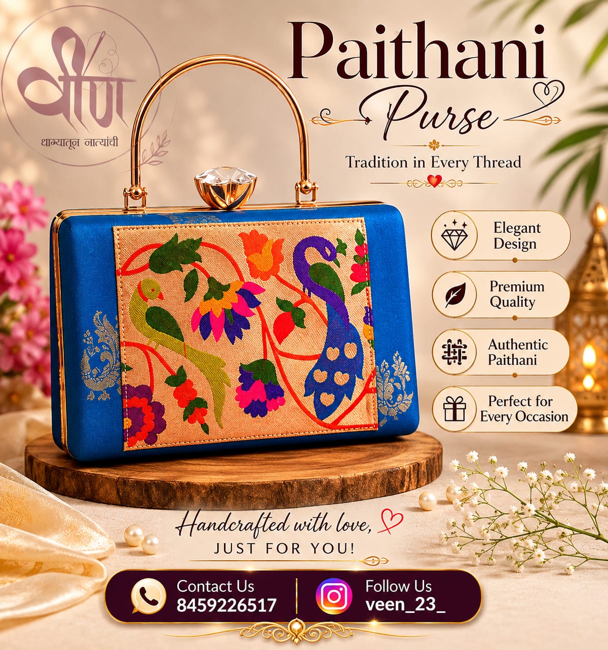 Timeless charm of Paithani craftsmanship with this beautifully handcrafted bag. Adorned with vibrant traditional peacock and parrot motifs