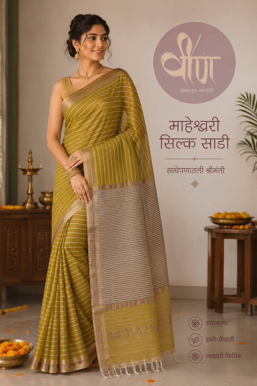 A perfect blend of heritage and elegance, this handwoven Maheshwari saree is beautifully complemented by a luxurious raw silk pallu.