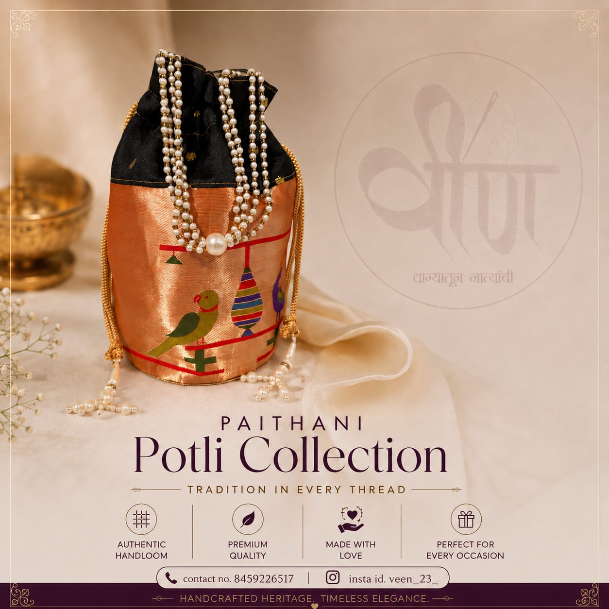Timeless charm of Paithani craftsmanship with this beautifully handcrafted potali purse Adorned with vibrant traditional peacock motifs.