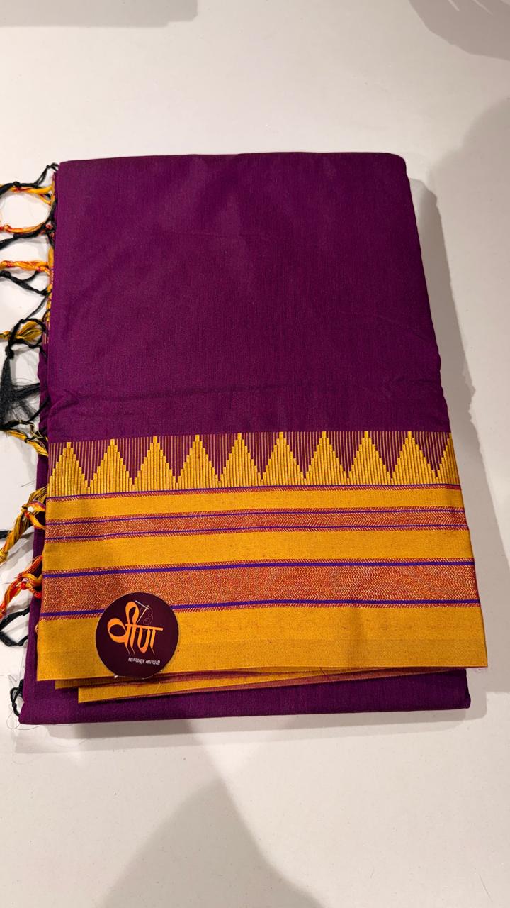Grace meets everyday comfort with this elegant Cotton Temple Border Saree. Featuring a soothing  body paired with a rich  temple border accented with fine golden zari detailing