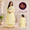 Stay effortlessly stylish in this soft and breathable lemmon yellow mul cotton dress set, adorned with delicate floral embroidery