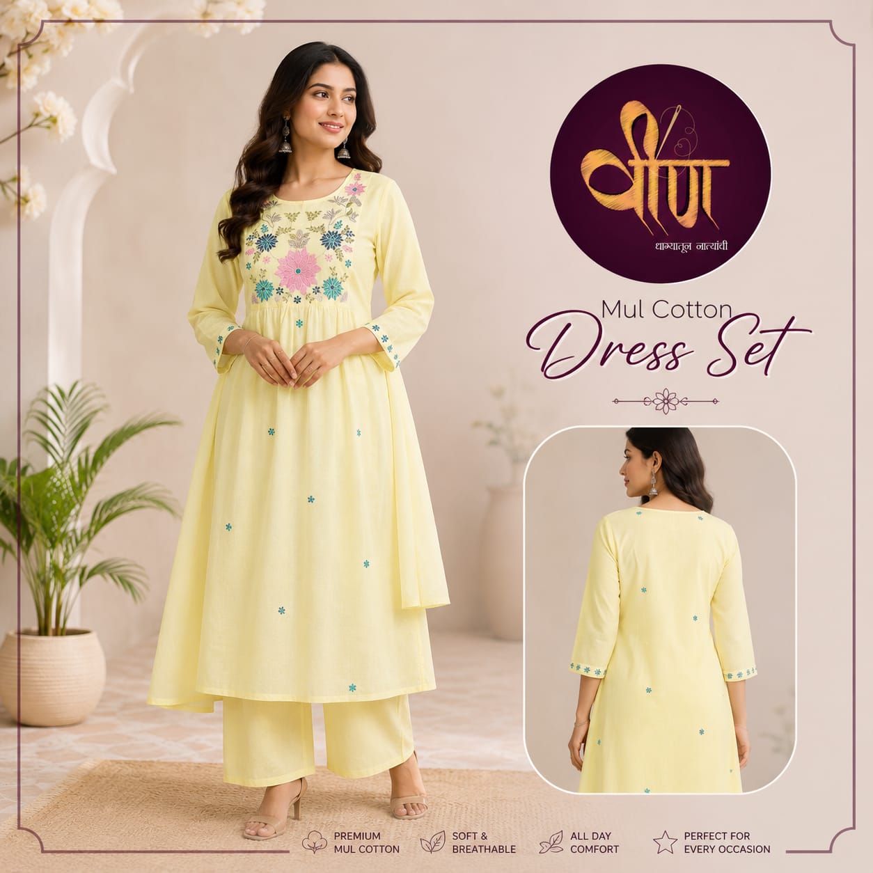Stay effortlessly stylish in this soft and breathable lemmon yellow mul cotton dress set, adorned with delicate floral embroidery