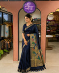 Navy Blue Muga Tussar Paithani saree.