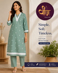 Embrace everyday elegance with this soothing sage green cotton two-piece set.