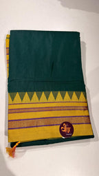 Grace meets everyday comfort with this elegant Cotton Temple Border Saree. Featuring a soothing  body paired with a rich  temple border accented with fine golden zari detailing