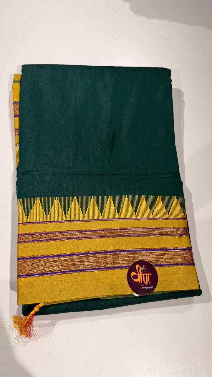 Grace meets everyday comfort with this elegant Cotton Temple Border Saree. Featuring a soothing  body paired with a rich  temple border accented with fine golden zari detailing